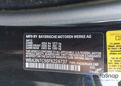 2015 BMW 428I z USA, uszkodzony, nr VIN WBA3N7C56FK224737